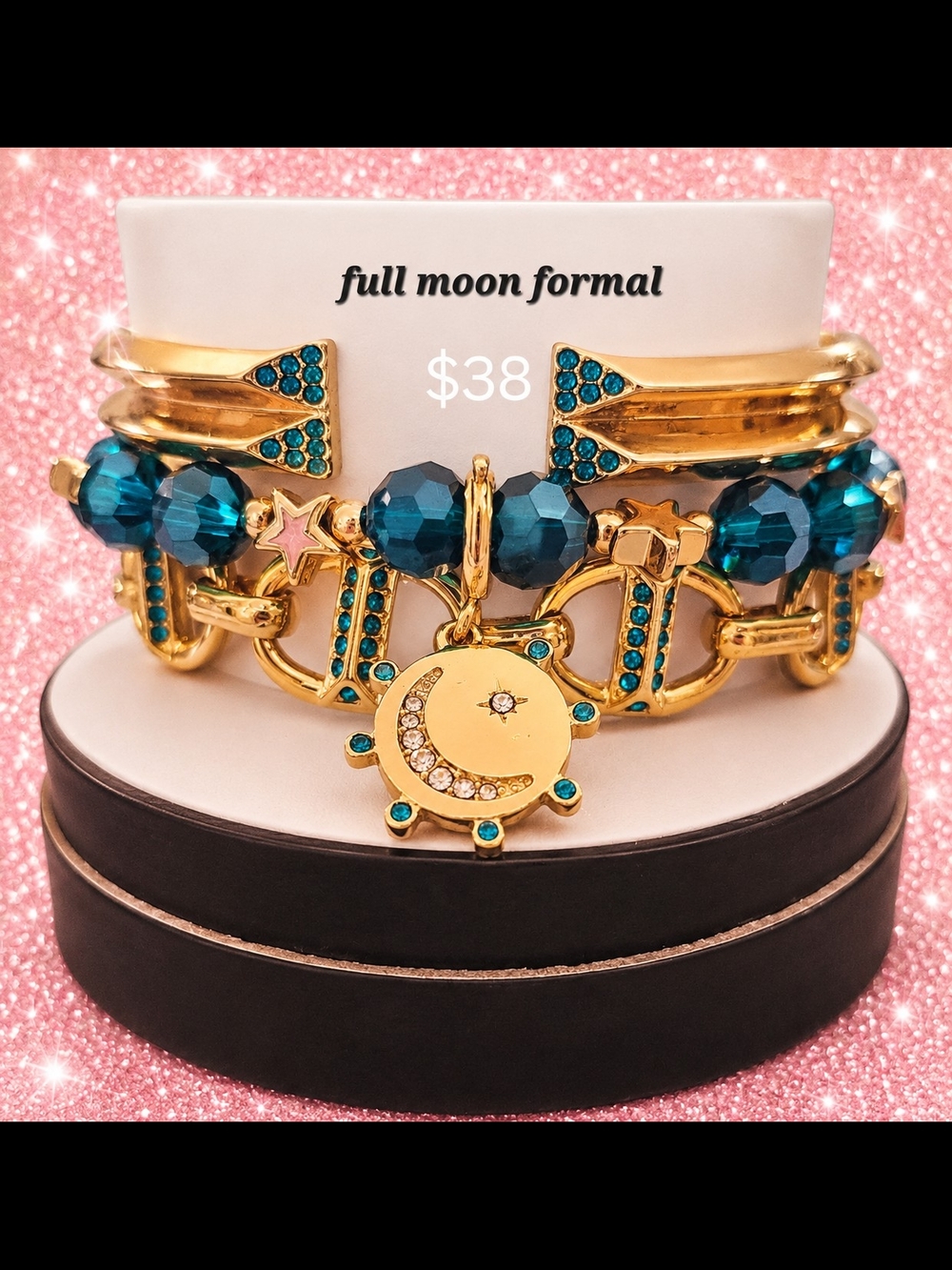 Full Moon Formal Teal Crystal & Gold Charm Bracelet Set. Bp